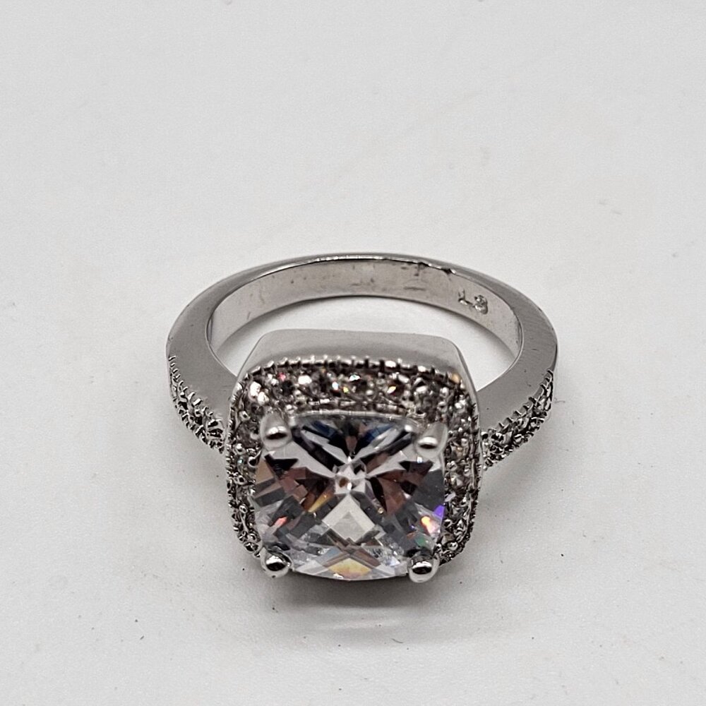 Silver Tone Fashion Ring Square Cut Faceted SZ 7.75 Bling Wedding - Picture 5 of 9